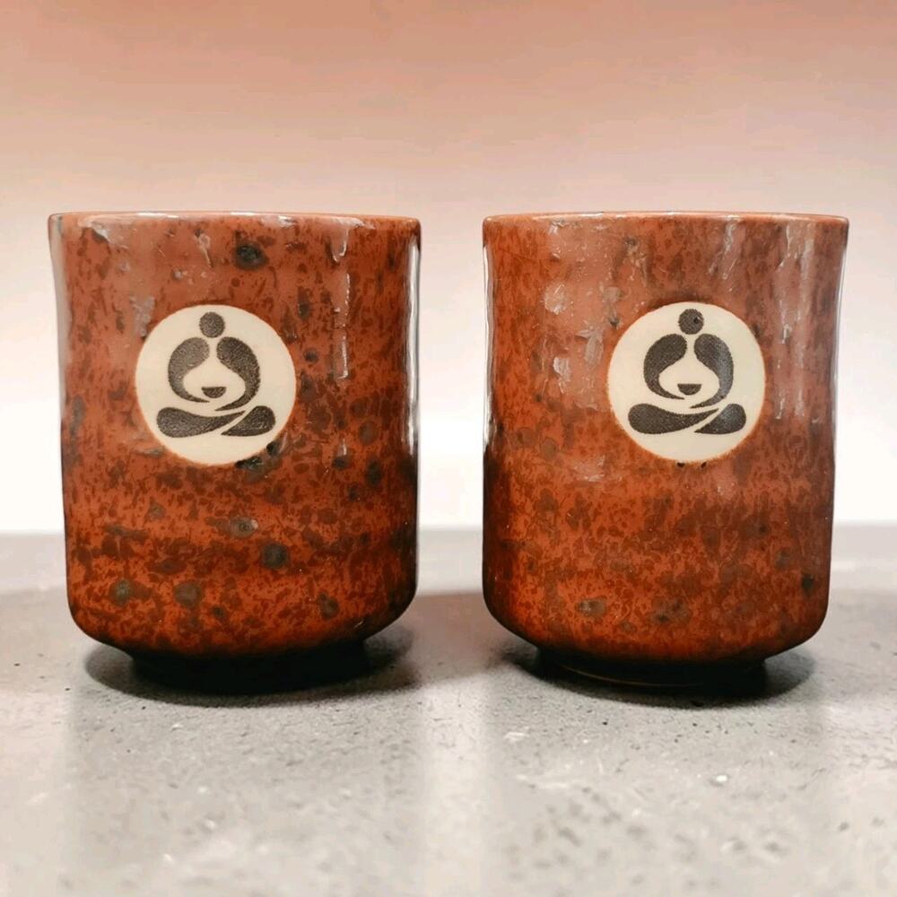 Teavana Japanese Porcelain Tea Cups Set of 2 Brown Glaze Buddha 8oz 3.5"